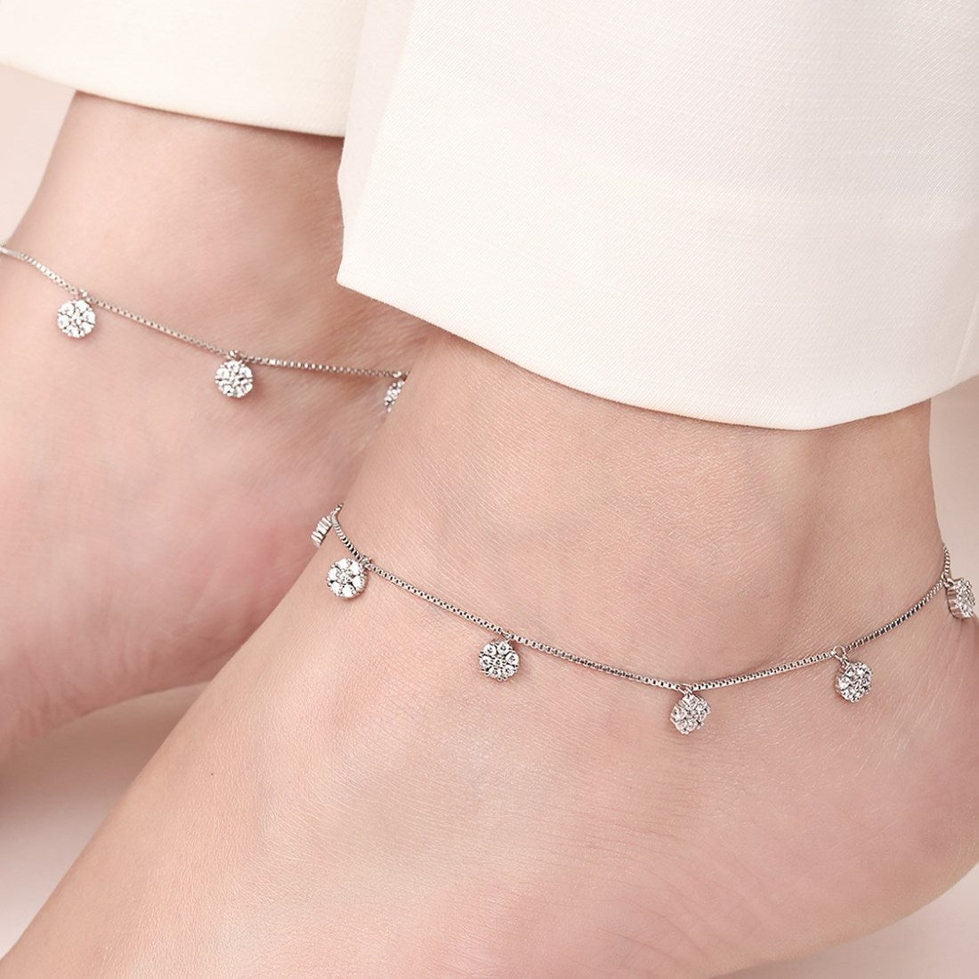 Floral CZ Rhodium Plated 925 Sterling Silver Anklet