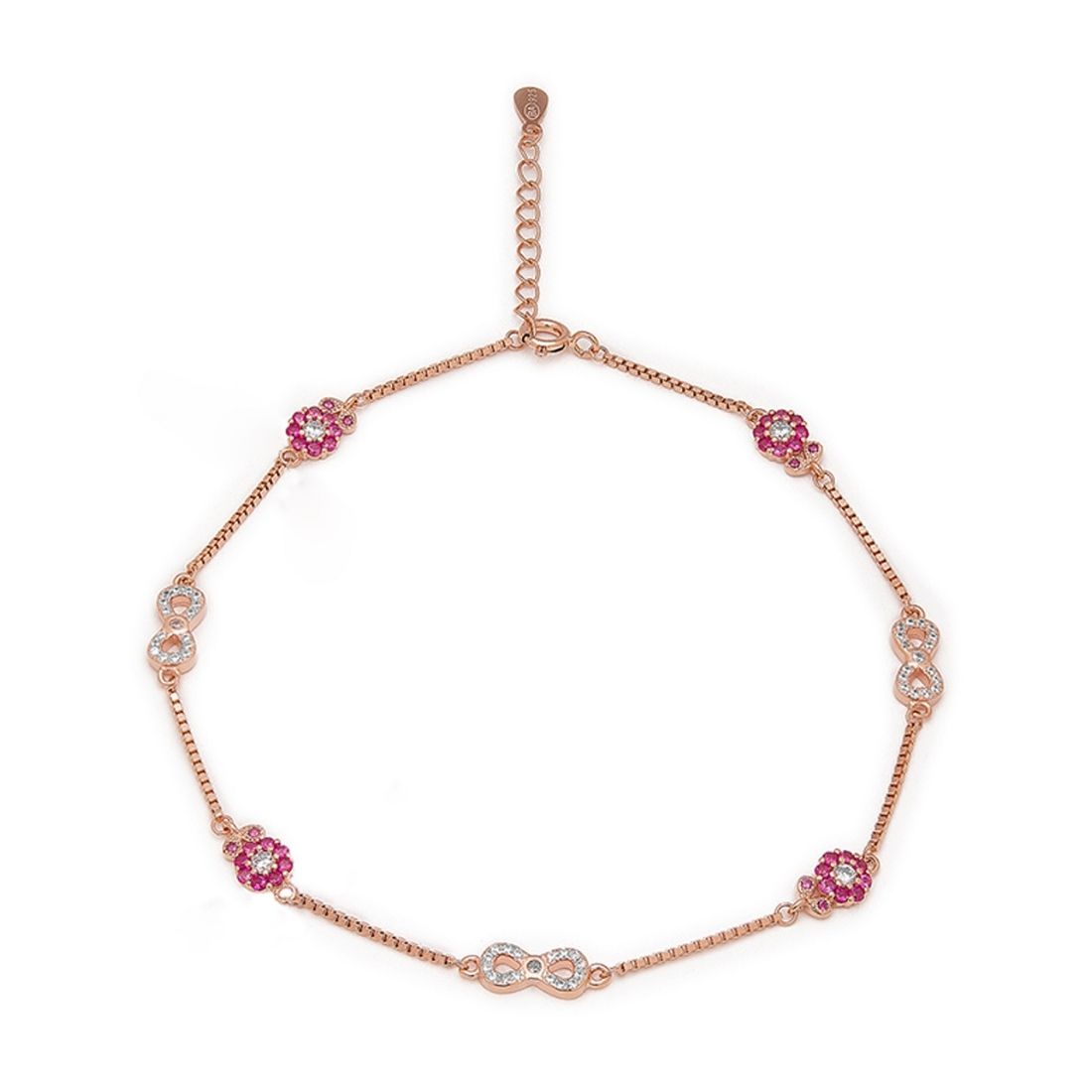 Rose gold plated 925 Sterling Silver anklet for women with pink CZ flowers & infinity links. Jewellery – Zavya