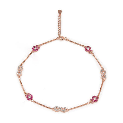 Rose gold plated 925 Sterling Silver anklet for women with pink CZ flowers & infinity links. Jewellery – Zavya