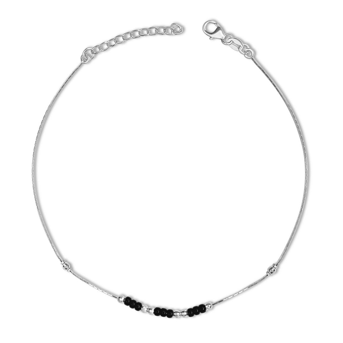 Rhodium plated 925 Sterling Silver anklet for women with a delicate chain and triple black beads – Zavya