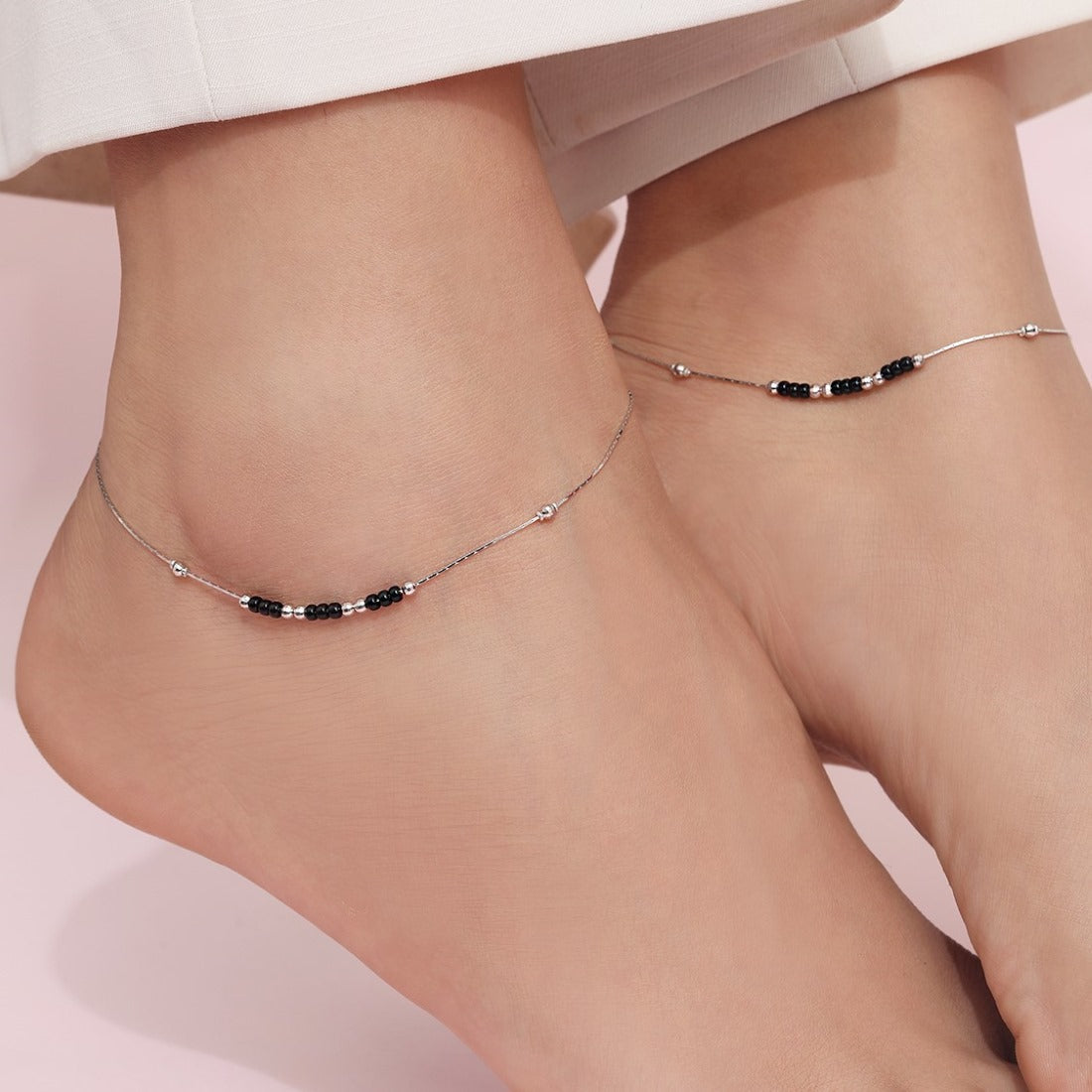 925 Sterling Silver Triple Beaded Rhodium Plated 925 Sterling Silver Anklet for Women – Zavya