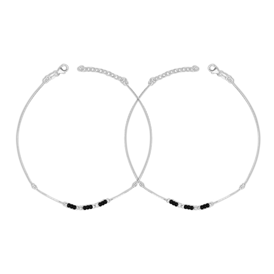 Pair of 925 Sterling Silver anklets for women with delicate chains and triple black beads – Zavya