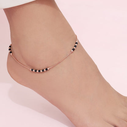 Raven Radiance Black Beads Rose Gold-Plated 925 Sterling Silver Adjustable Chain Anklet