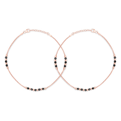 Raven Radiance Black Beads Rose Gold-Plated 925 Sterling Silver Adjustable Chain Anklet