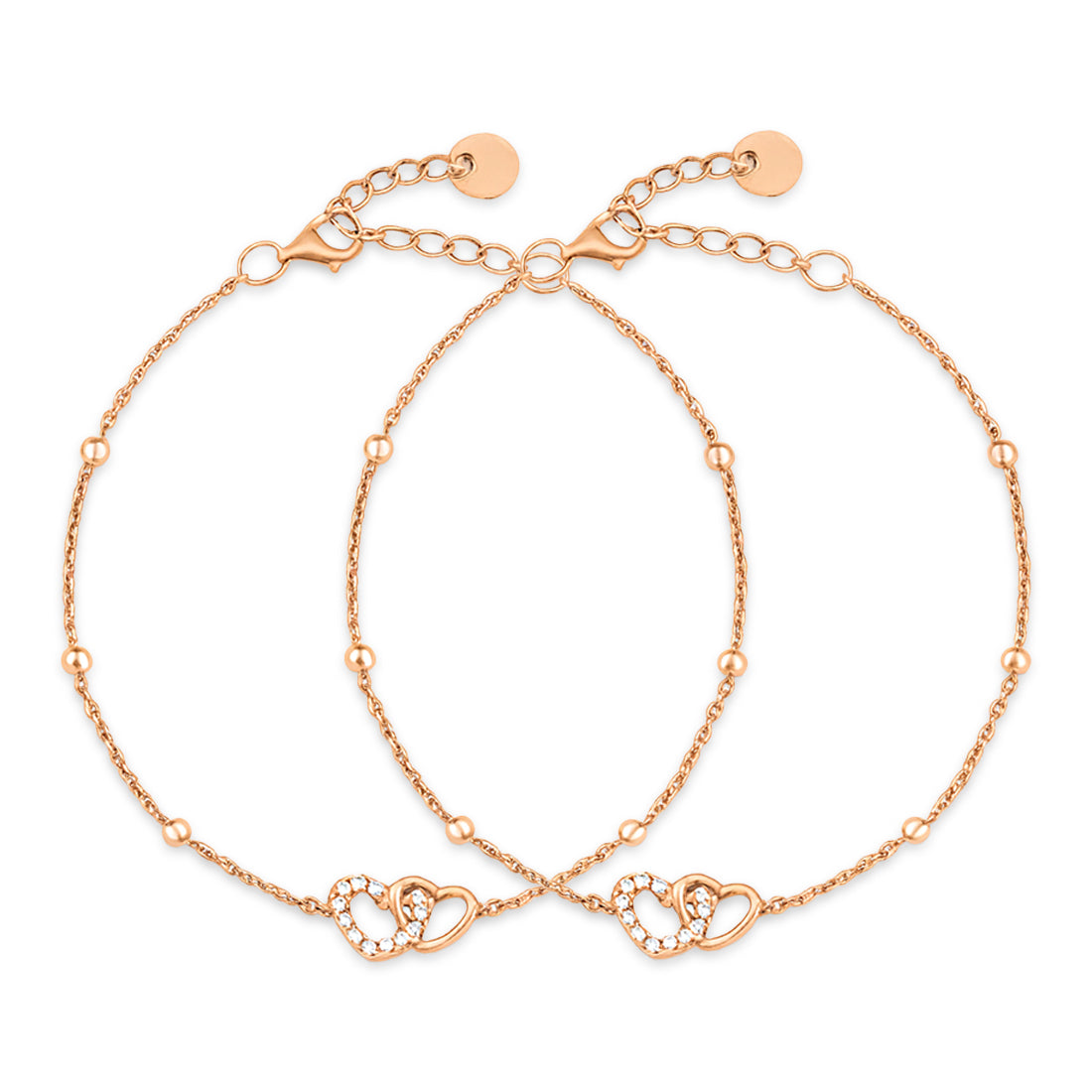 Women's rose gold 925 Sterling Silver anklet featuring a beaded chain and linked hearts – Zavya