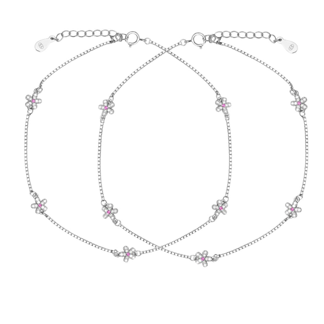 925 Sterling Silver anklet for women featuring delicate floral charms with pink crystal centers – Zavya