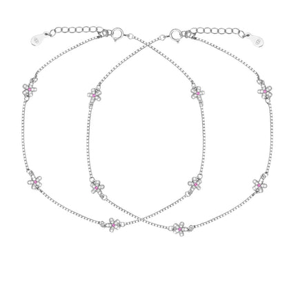 925 Sterling Silver anklet for women featuring delicate floral charms with pink crystal centers – Zavya