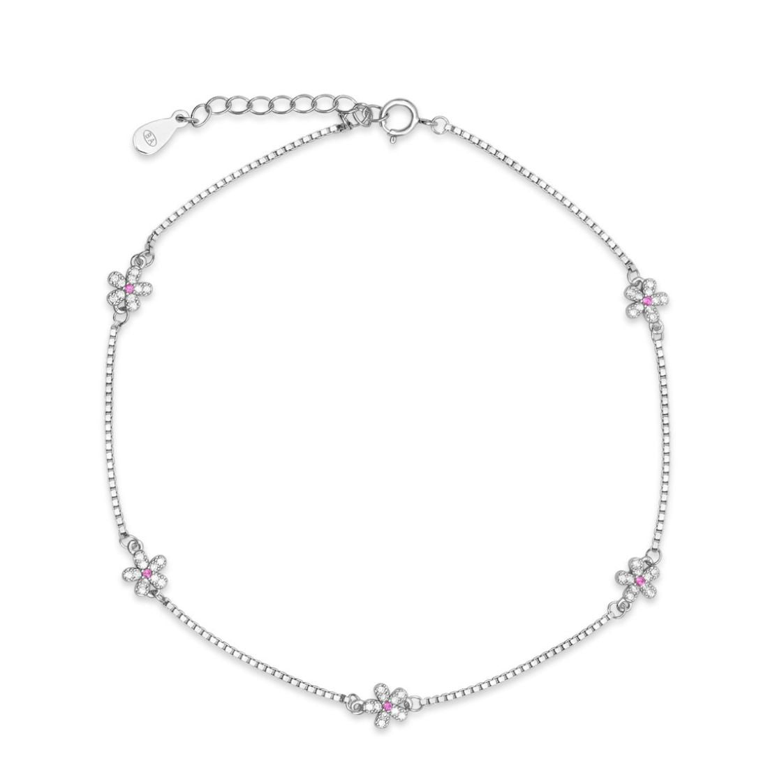 925 Sterling Silver floral anklet jewellery for women featuring pink center stone flower charms – Zavya