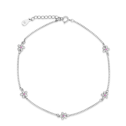 925 Sterling Silver floral anklet jewellery for women featuring pink center stone flower charms – Zavya