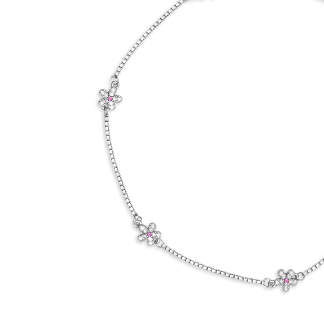 Women's 925 Sterling Silver anklet on a delicate chain featuring floral charms with pink and clear stones – Zavya