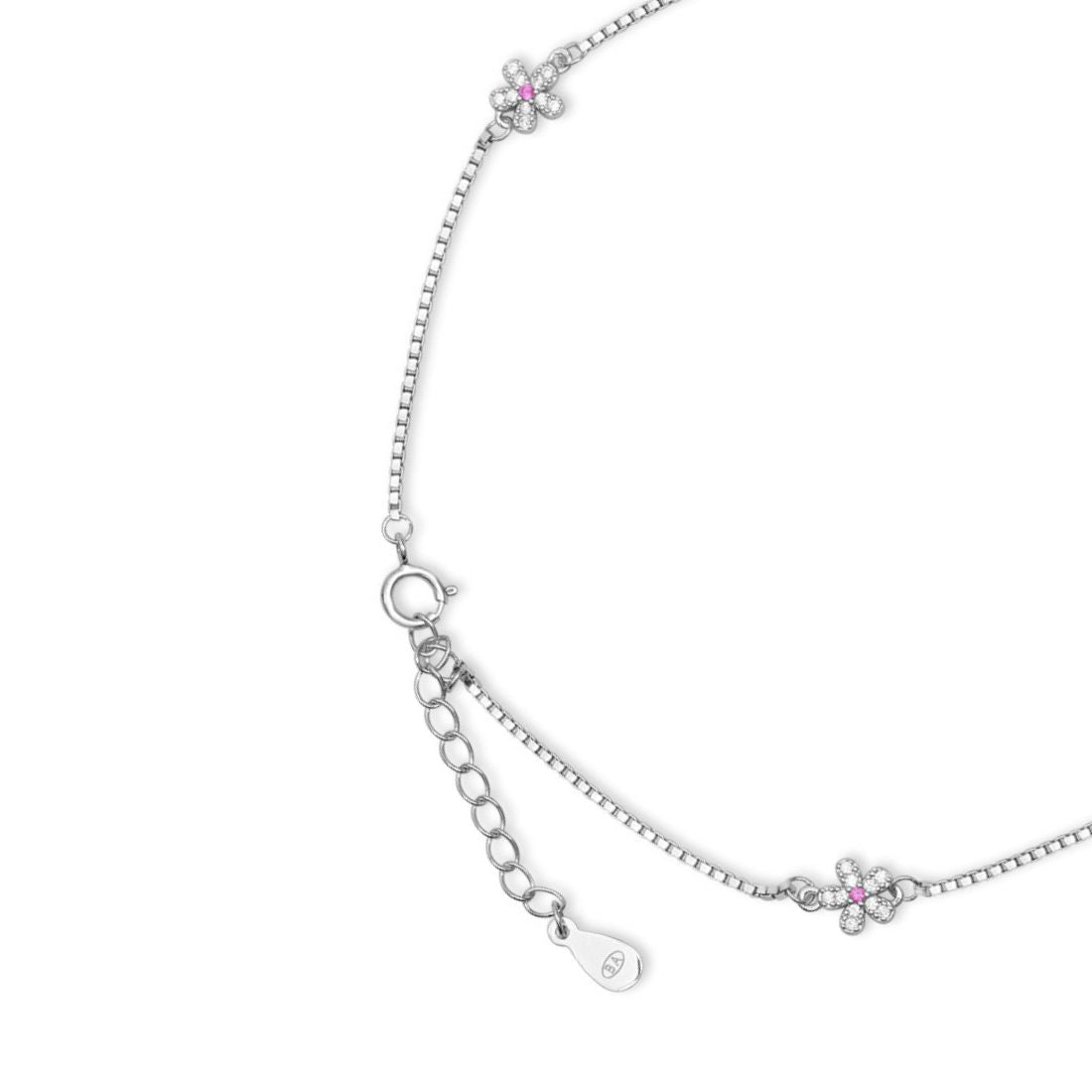 Women's 925 Sterling Silver floral anklet with white and pink stone flowers on an adjustable chain – Zavya