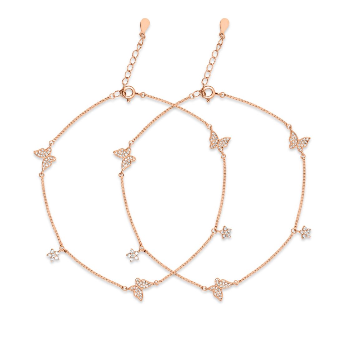 Women's rose gold 925 Sterling Silver anklet featuring delicate CZ butterfly charms on a fine chain – Zavya