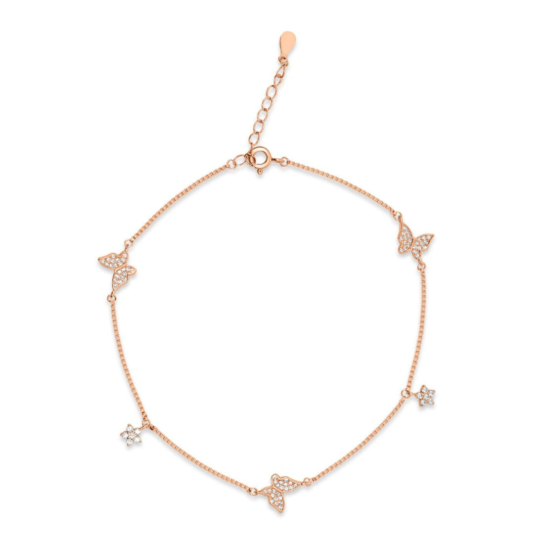 Rose gold plated 925 Sterling Silver anklet for women with CZ butterfly charms on a delicate chain – Zavya
