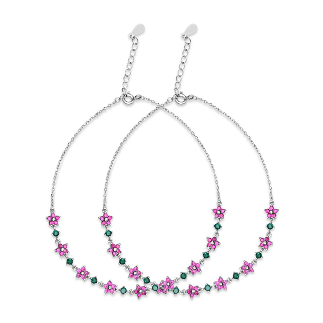Women's 925 Sterling Silver floral anklet showing two delicate chains with pink stone flowers and green gems – Zavya