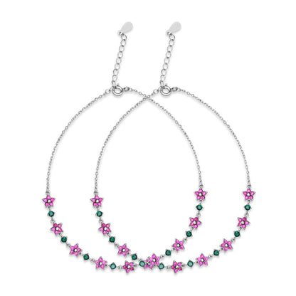 Women's 925 Sterling Silver floral anklet showing two delicate chains with pink stone flowers and green gems – Zavya