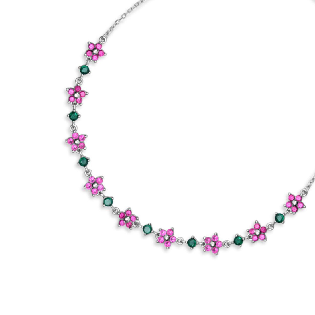 Women's 925 Sterling Silver anklet with pink flower stones and green gems. Elegant jewelry – Zavya
