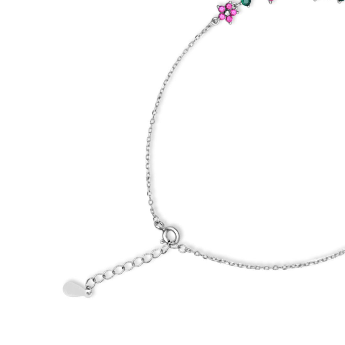 Women's 925 Sterling Silver anklet showing a delicate chain, colorful floral gems and adjustable clasp – Zavya