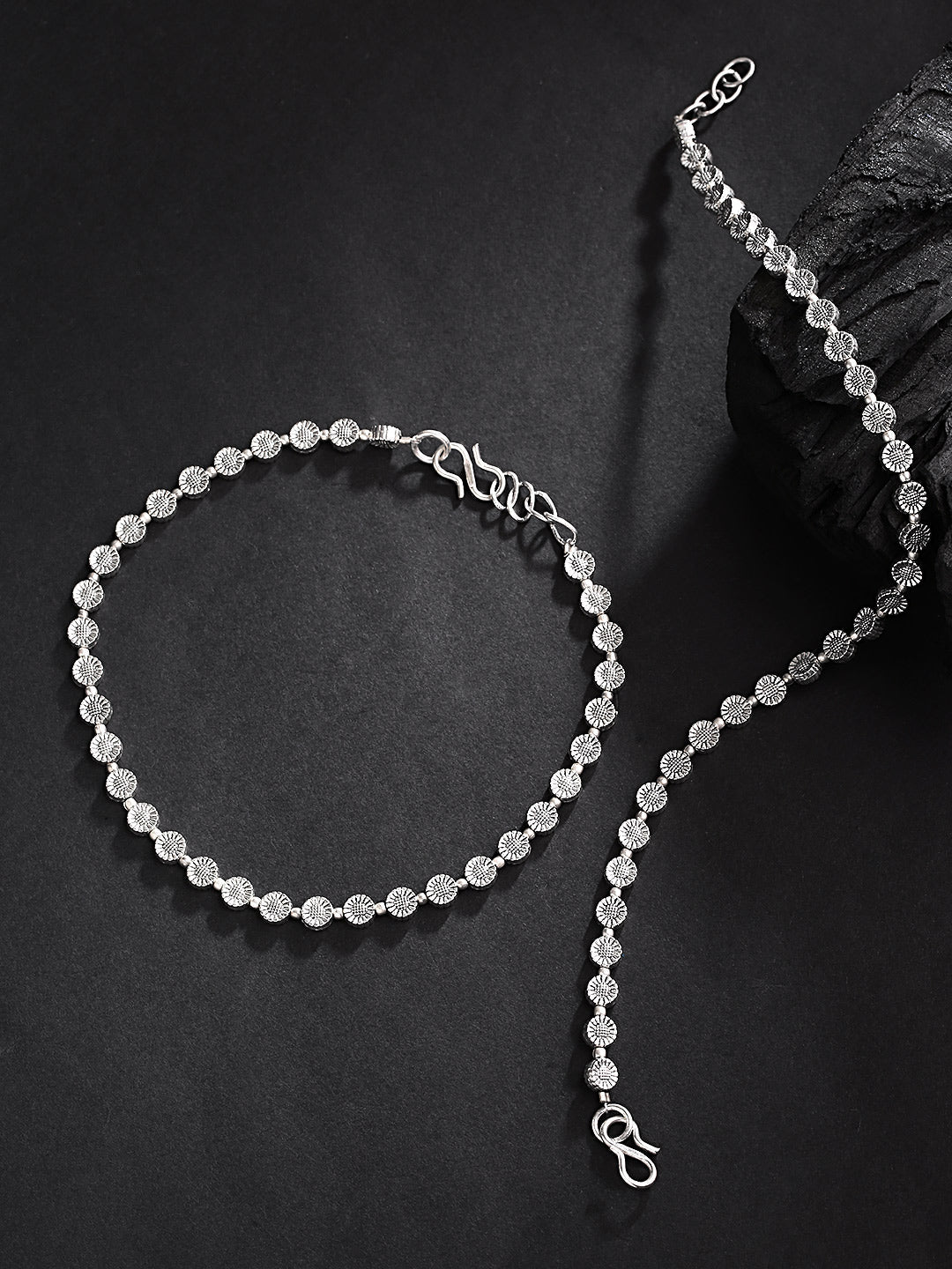 Oxidised Silver Circular Pattern Handcrafted Anklets Set Of 2