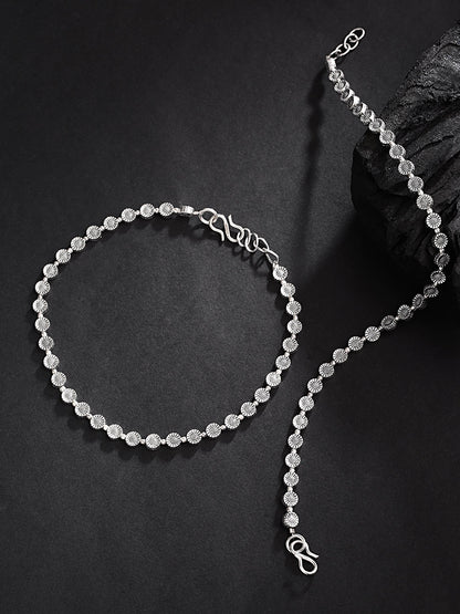 Oxidised Silver Circular Pattern Handcrafted Anklets Set Of 2