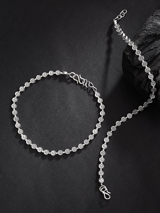 Oxidised Silver Circular Pattern Handcrafted Anklets Set Of 2