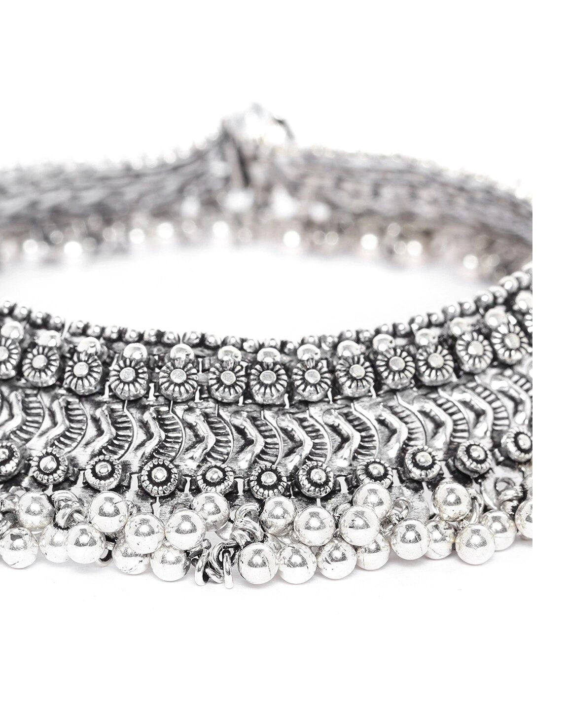 Antique Chunks - Oxidised Silver Plated Broad Anklets-Set of 2