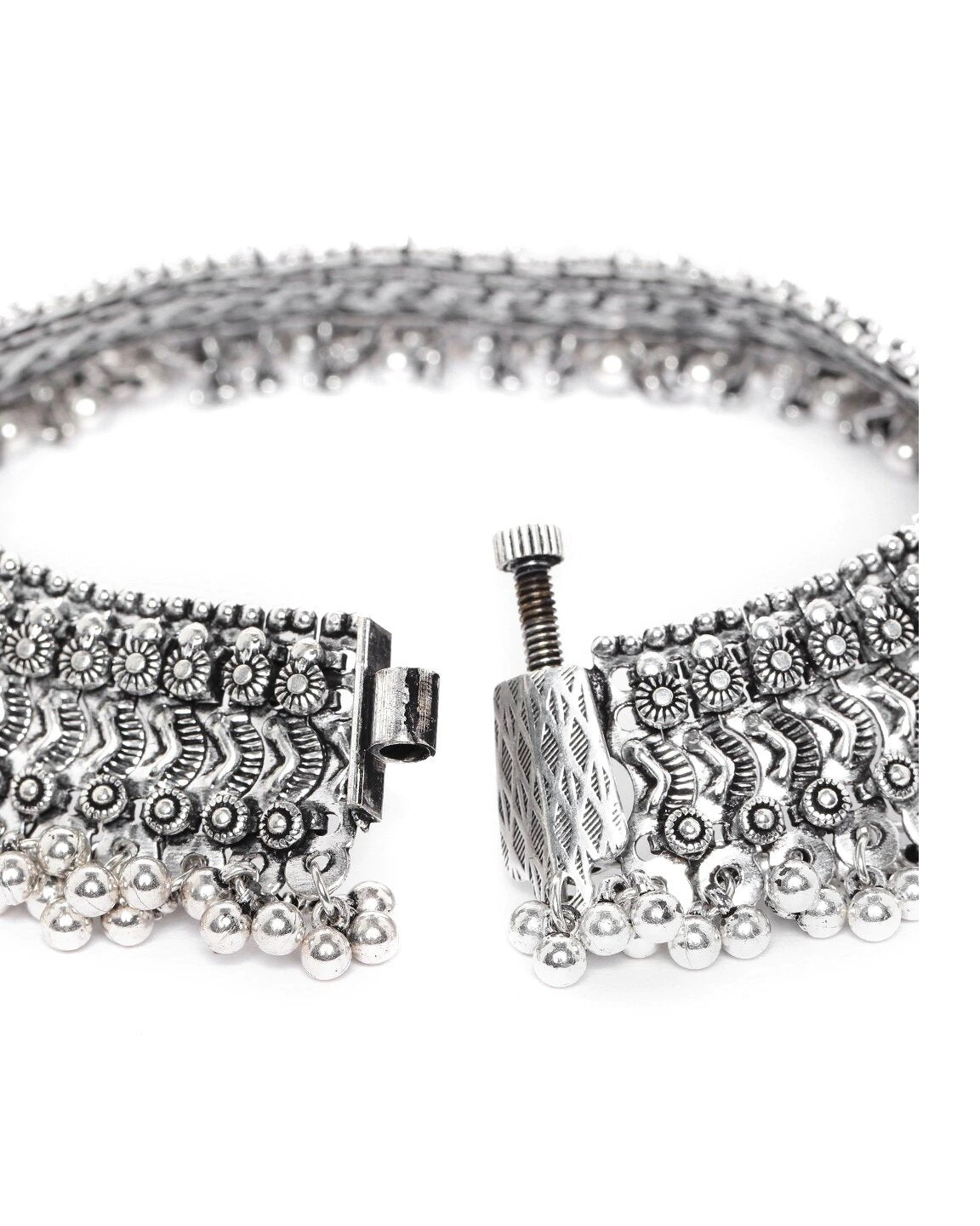 Antique Chunks - Oxidised Silver Plated Broad Anklets-Set of 2