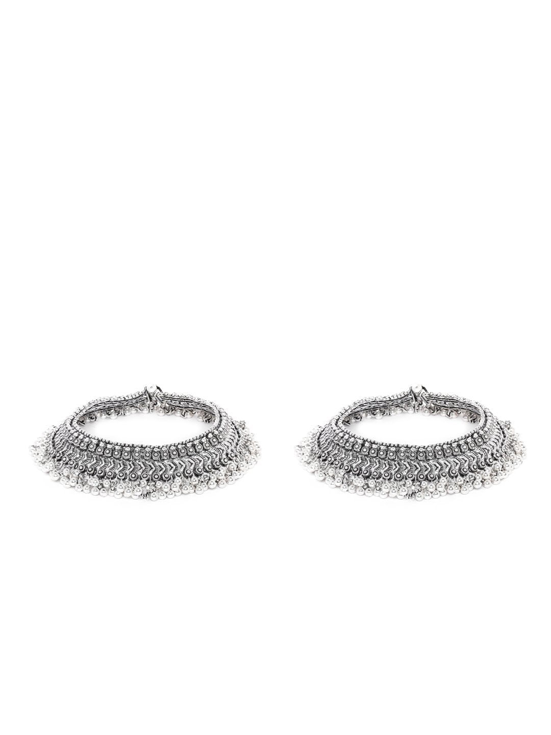 Antique Chunks - Oxidised Silver Plated Broad Anklets-Set of 2