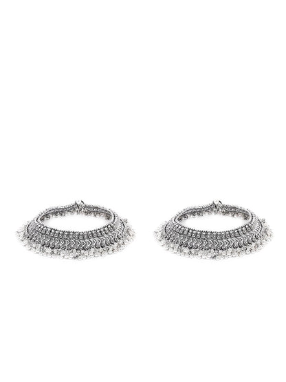Antique Chunks - Oxidised Silver Plated Broad Anklets-Set of 2