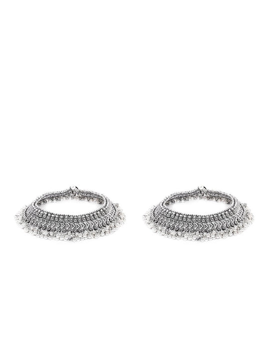 Antique Chunks - Oxidised Silver Plated Broad Anklets-Set of 2
