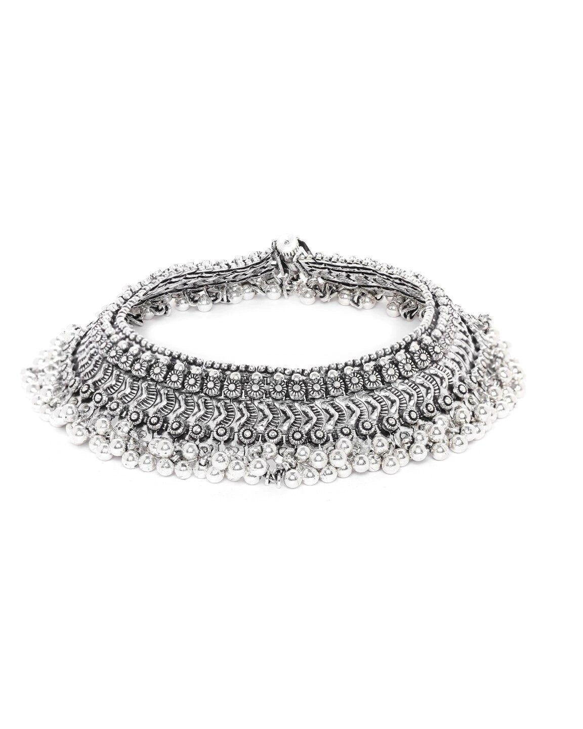 Antique Chunks - Oxidised Silver Plated Broad Anklets-Set of 2