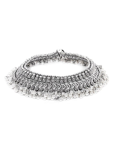Antique Chunks - Oxidised Silver Plated Broad Anklets-Set of 2