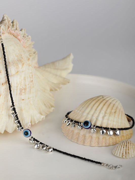 Black Beads Ghungroo Silver Plated Traditional Anklet