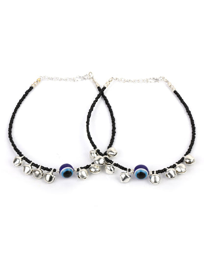 Black Beads Ghungroo Silver Plated Traditional Anklet