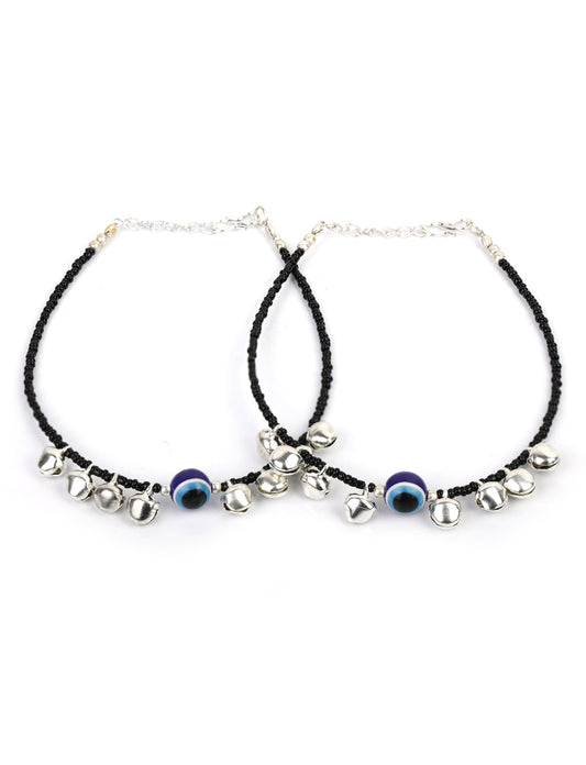 Black Beads Ghungroo Silver Plated Traditional Anklet