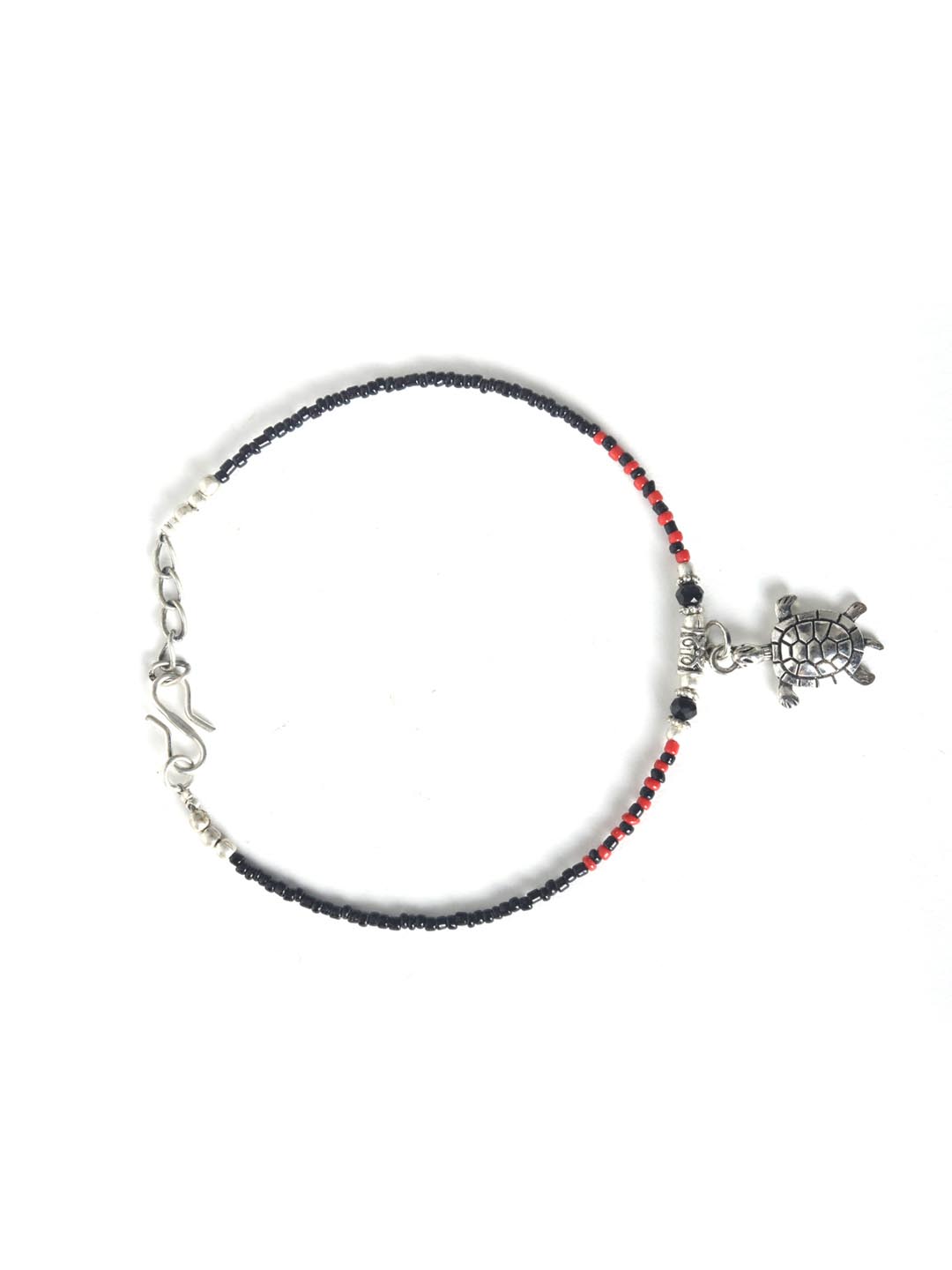 Red Black Stones Studded Silver Plated Oxidised Anklets