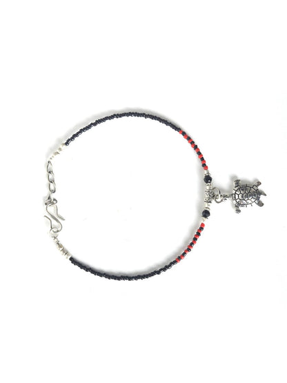 Red Black Stones Studded Silver Plated Oxidised Anklets