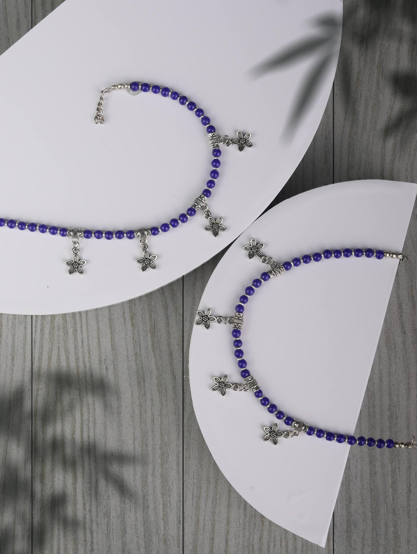 Blue Stones Studded German Silver Plated Oxidized Anklets