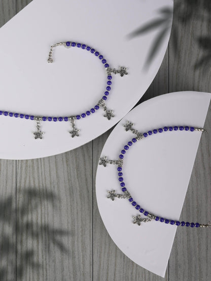 Blue Stones Studded German Silver Plated Oxidized Anklets