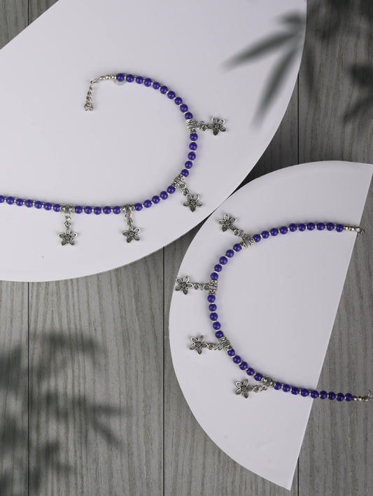 Blue Stones Studded German Silver Plated Oxidized Anklets