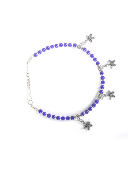 Blue Stones Studded German Silver Plated Oxidized Anklets