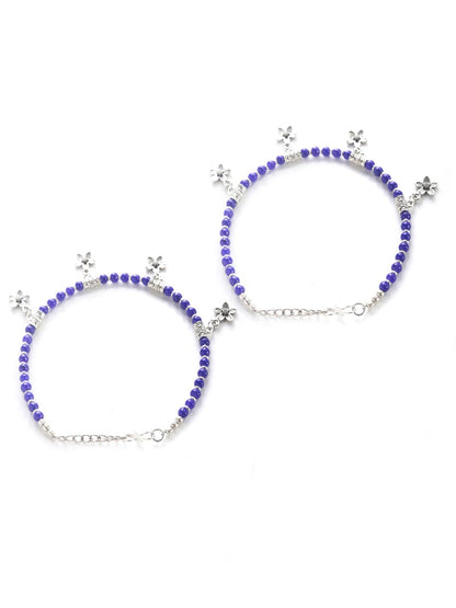 Blue Stones Studded German Silver Plated Oxidized Anklets