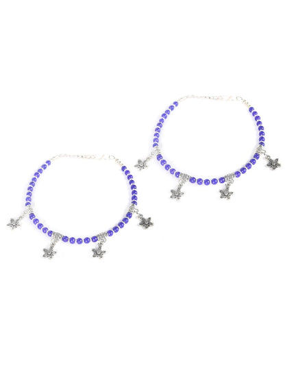Blue Stones Studded German Silver Plated Oxidized Anklets