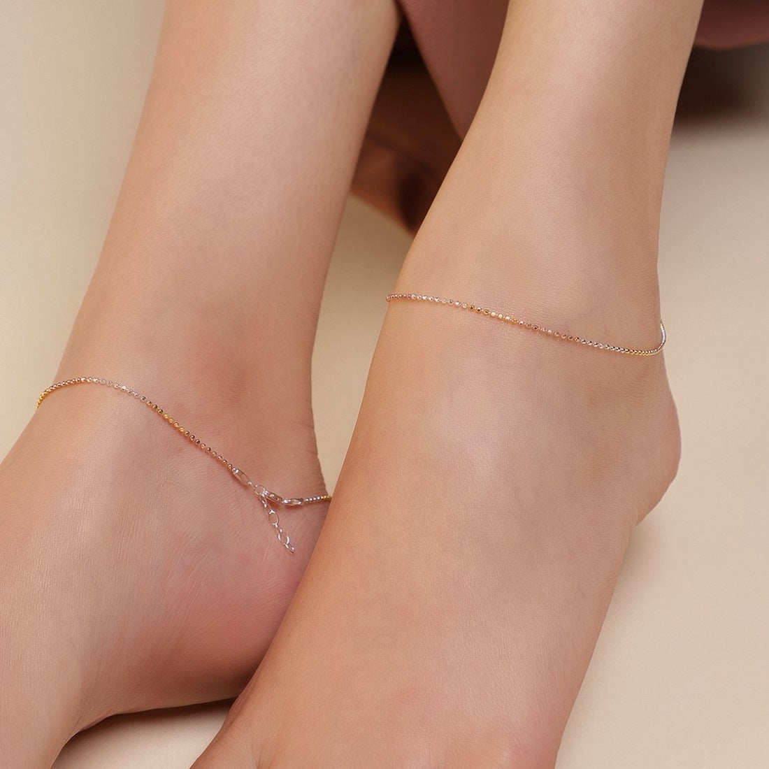 Elegant Triple Tone 925 Sterling Silver Beaded Chain Anklet