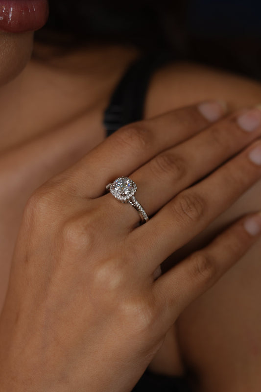 Round Solitaire Cushion Halo Diamond Engagement Ring