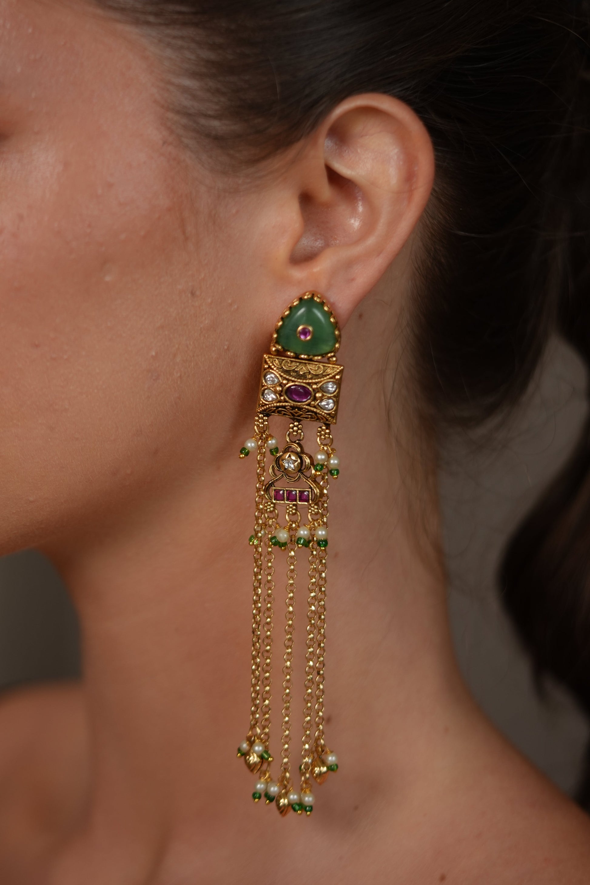 Namita Long Gold Shoulder Duster Earrings | Sone Pe Suhaga