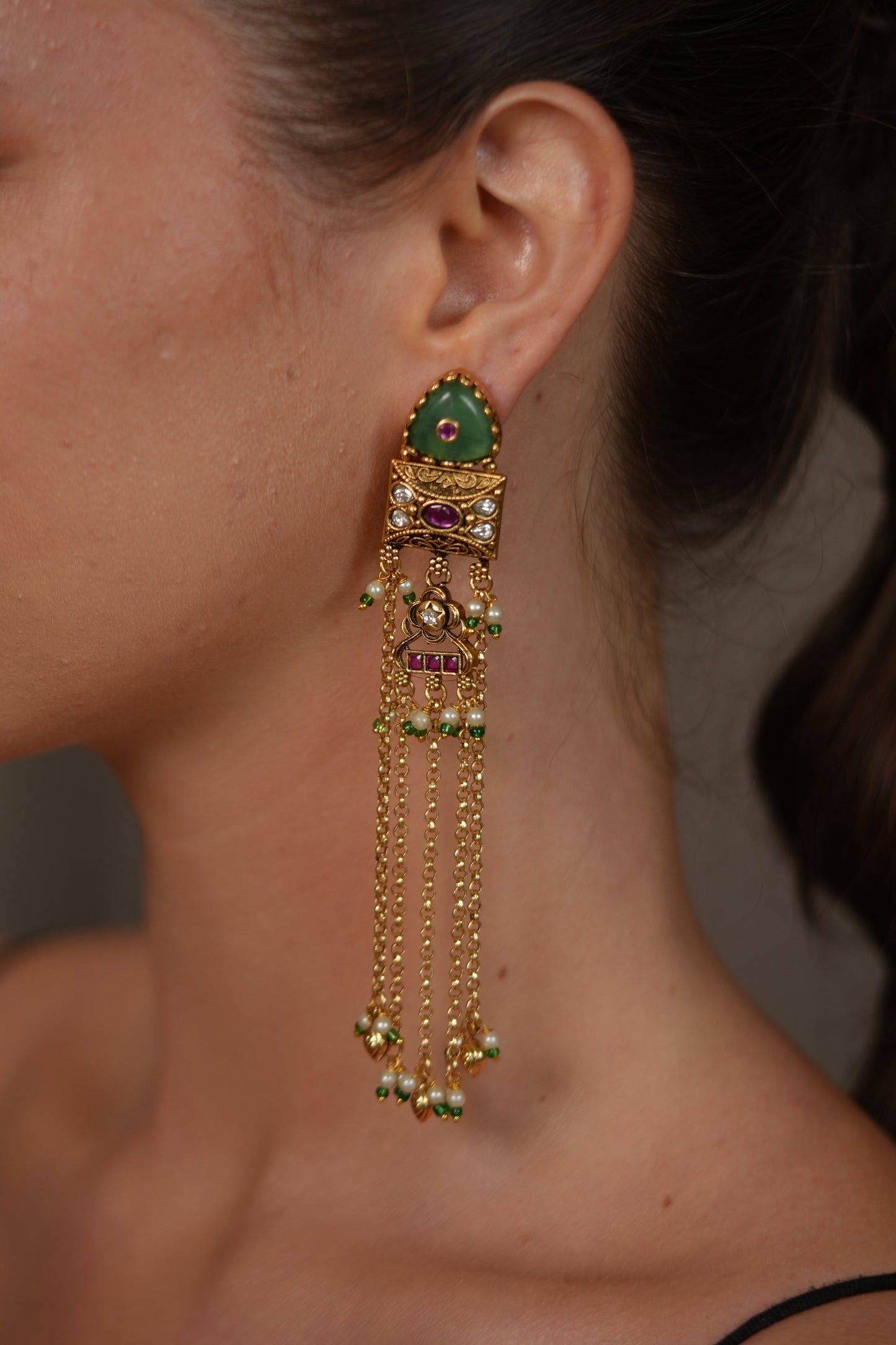 Namita Long Gold Shoulder Duster Earrings | Sone Pe Suhaga