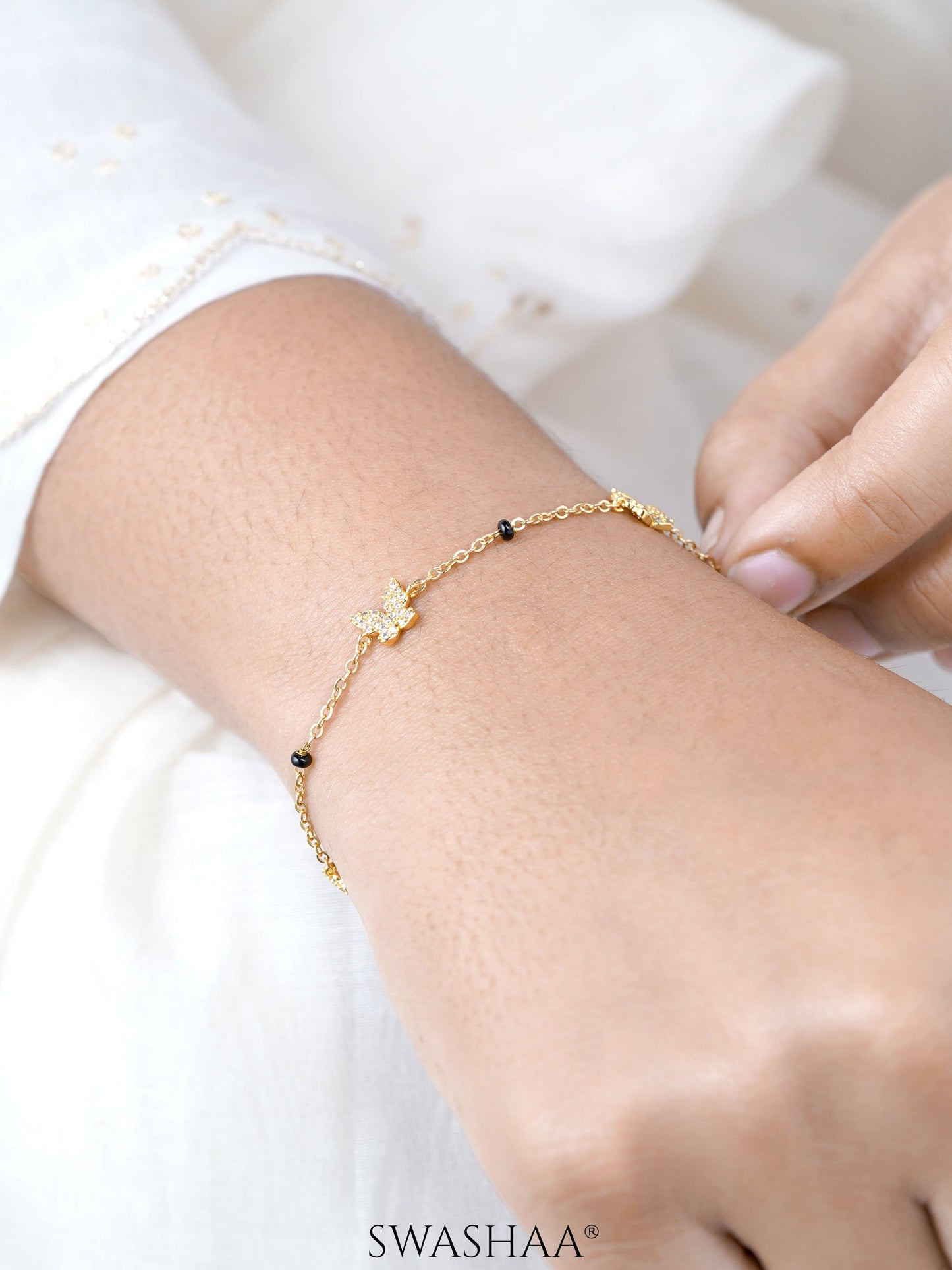 Aarini Butterfly Motifs Shimmering CZ Diamond 18K Gold Plated Mangalsutra Bracelet