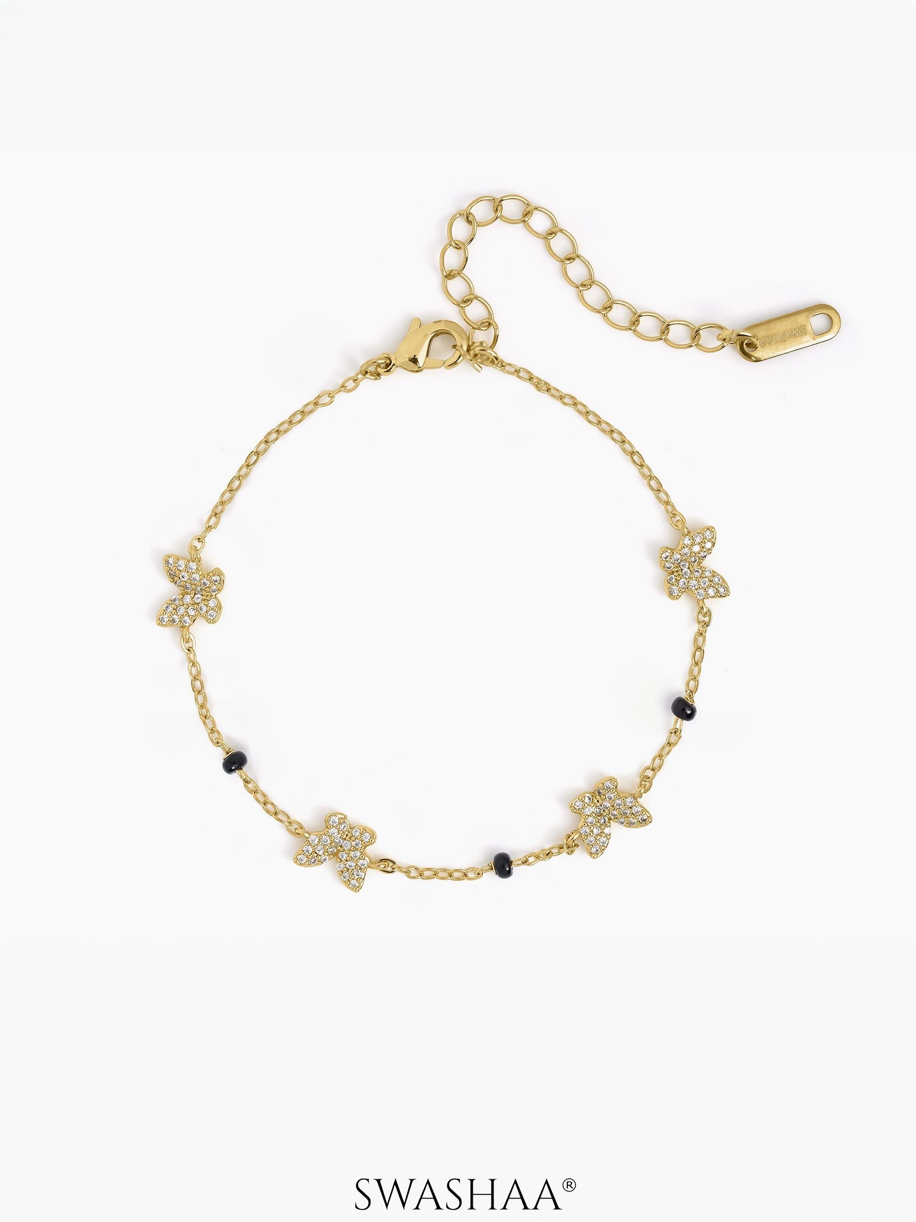 Aarini Butterfly Motifs Shimmering CZ Diamond 18K Gold Plated Mangalsutra Bracelet