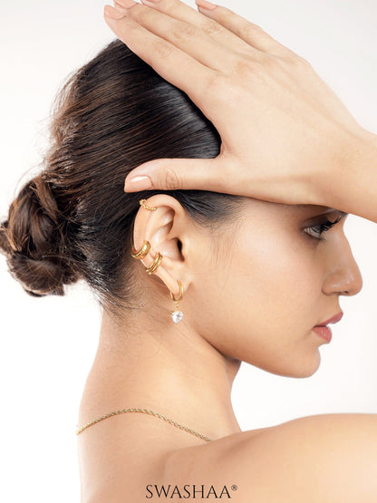 Abby Ribbed 18K Gold Plated Ear Cuffs, Cairo Beads 18K Gold Plated Ear Cuffs, Elan Twin Rounded Bands 18K Gold Plated Ear Cuffs, Vera Heart Solitaire 18K Gold Plated Drop Earrings