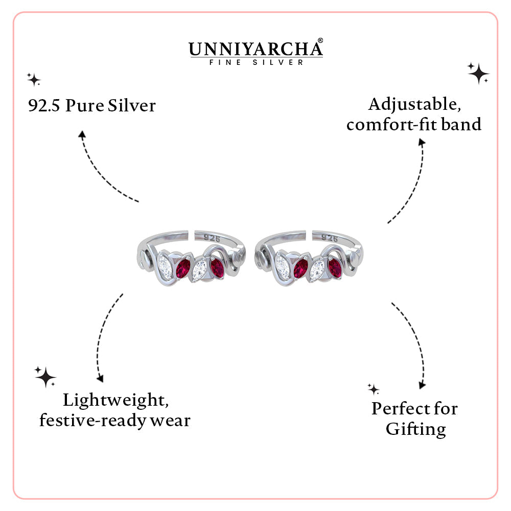 Pure 92.5 Silver Dual Stone Designer Toe Rings (Pair)